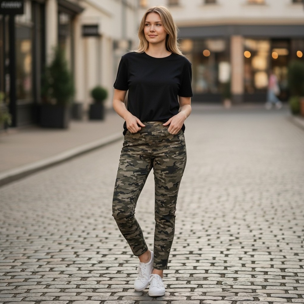 Rock & Republic Fever‎ Crop Camo Pull On Slimming Denim Rx Pants Green Womens 16